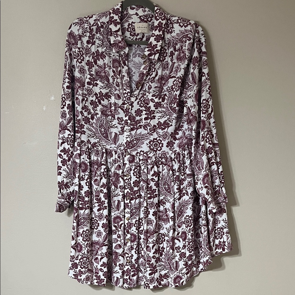 Sezane Maroon and White Floral Long Sleeve Dress